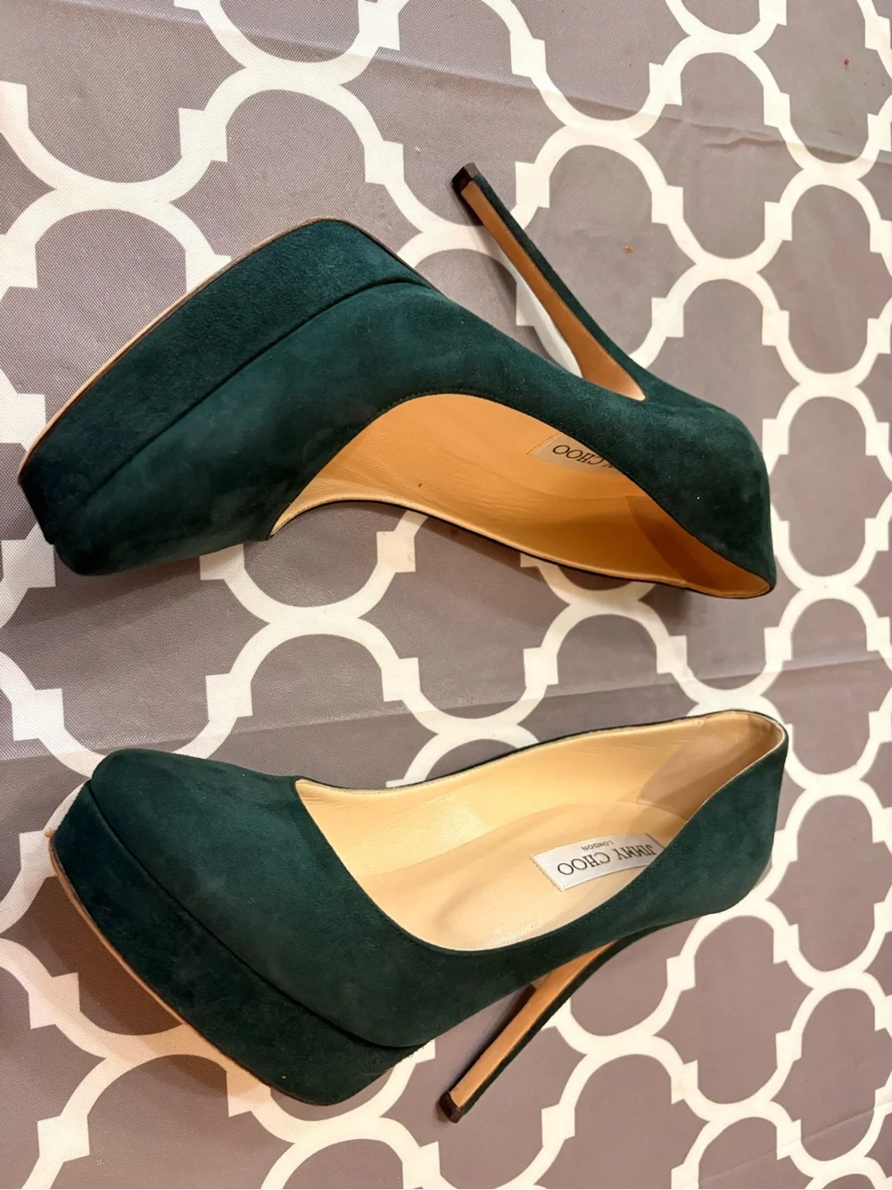 JIMMY CHOO Dark Green Suede Platform Stiletto Pumps